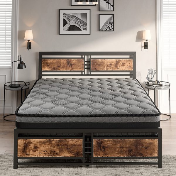 Metal Bed Frame Mattress Base Set Wood King Double Queen Pocket Spring HD Foam Q