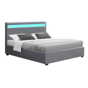 Washpool LED Bed Frame PU Leather Gas Lift Storage – DOUBLE, Grey