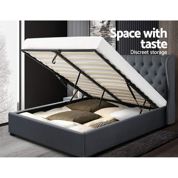 Wallaroo Bed Frame Fabric Gas Lift Storage – KING, Charcoal