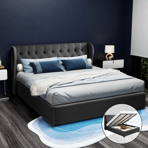 Wallaroo Bed Frame Fabric Gas Lift Storage – KING, Charcoal