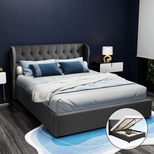 Wallaroo Bed Frame Fabric Gas Lift Storage – QUEEN, Charcoal