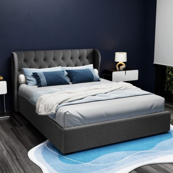 Wallaroo Bed Frame Fabric Gas Lift Storage – QUEEN, Charcoal