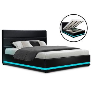 Benda LED Bed Frame PU Leather Gas Lift Storage – KING, Black