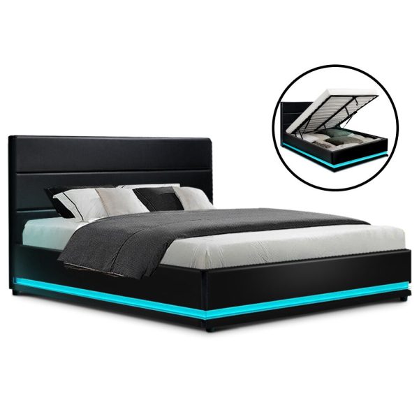 Benda LED Bed Frame PU Leather Gas Lift Storage – QUEEN, Black