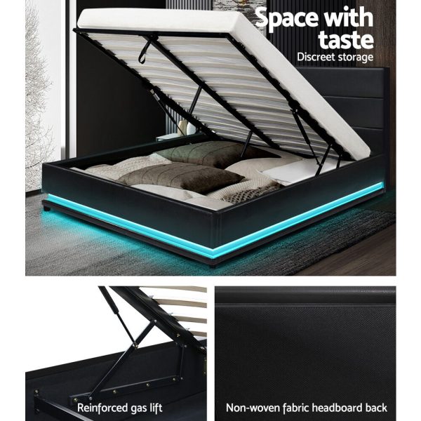 Benda LED Bed Frame PU Leather Gas Lift Storage – QUEEN, Black