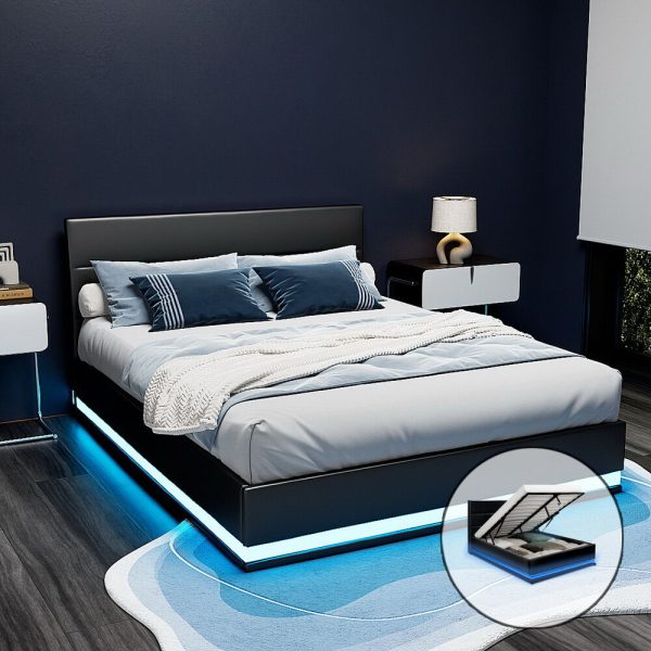 Benda LED Bed Frame PU Leather Gas Lift Storage – QUEEN, Black