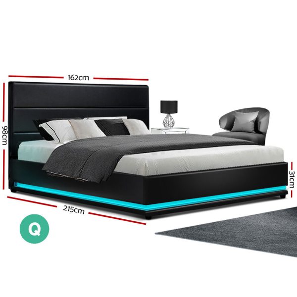 Benda LED Bed Frame PU Leather Gas Lift Storage – QUEEN, Black