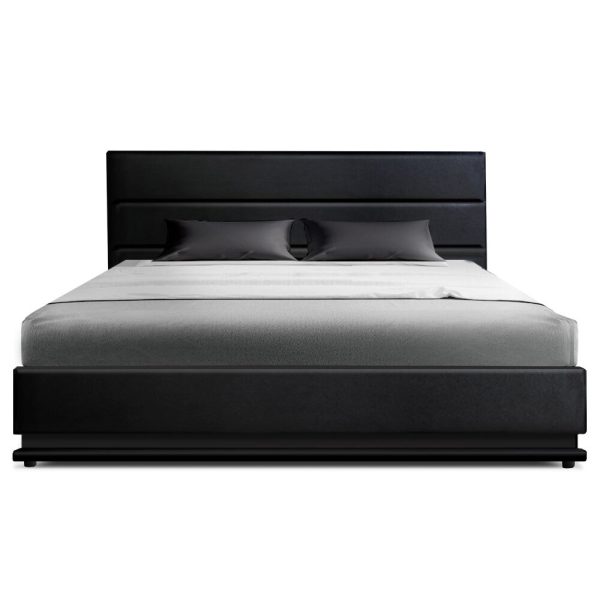 Benda LED Bed Frame PU Leather Gas Lift Storage – QUEEN, Black