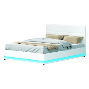 Benda LED Bed Frame PU Leather Gas Lift Storage – QUEEN, White