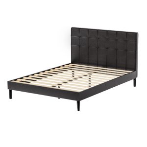 Bed Frame Double Bed Base w LED Lights Charge Ports Black Leather RAVI