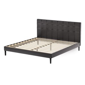 Bed Frame King Bed Base w RGB LED Lights Charge Ports Black Leather RAVI