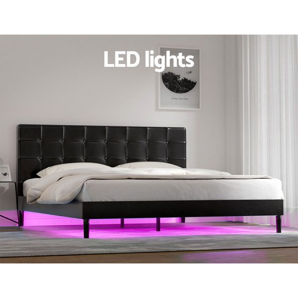 Bed Frame King Bed Base w RGB LED Lights Charge Ports Black Leather RAVI