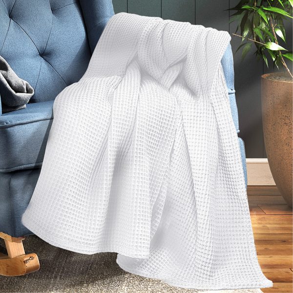 Throw Blanket Cotton Waffle Blankets Soft Warm Large Sofa Bed Rugs – SINGLE, White