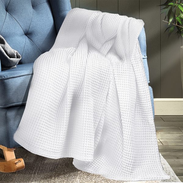 Throw Blanket Cotton Waffle Blankets Soft Warm Large Sofa Bed Rugs – SINGLE, White