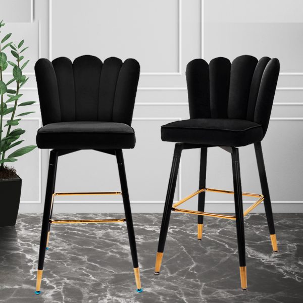 2x Bar Stools Kitchen Stool Chairs Velvet Swivel Barstools Luxury Black