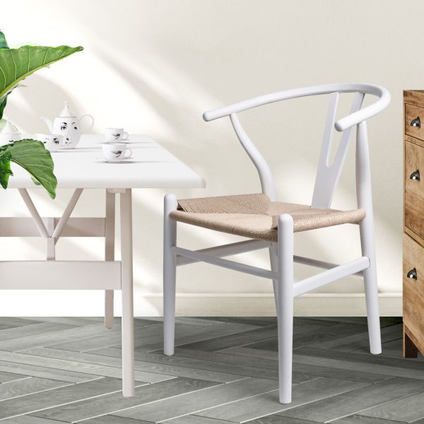 Set of 2 Dining Chairs Rattan Seat Side Chair Kitchen Wood Furniture – White