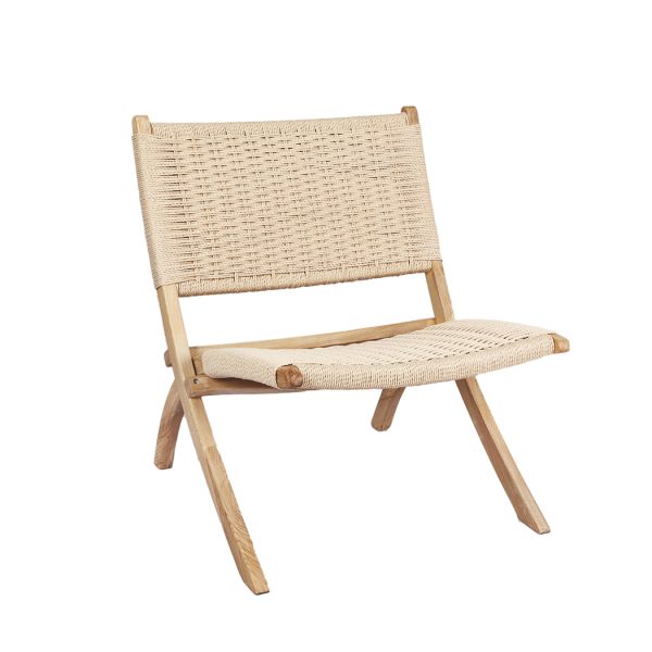 Foldable Single Deck Chair Solid Ash Wood Kraft Rope Paper Woven Seat