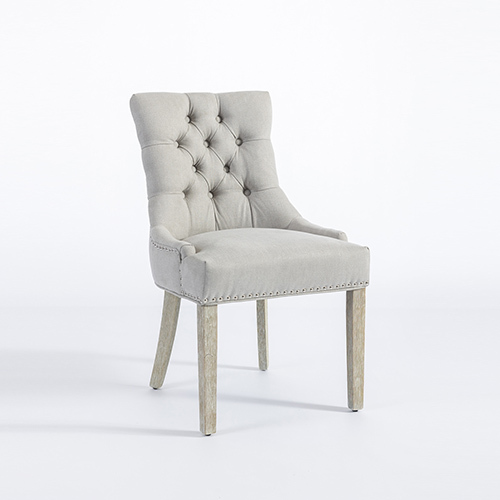 2x Dining Chair Light Gray Linen Fabric Button Studding Wooden Frame Rubber Wood Legs