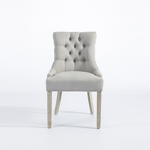 2x Dining Chair Light Gray Linen Fabric Button Studding Wooden Frame Rubber Wood Legs