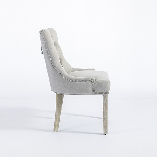 2x Dining Chair Light Gray Linen Fabric Button Studding Wooden Frame Rubber Wood Legs