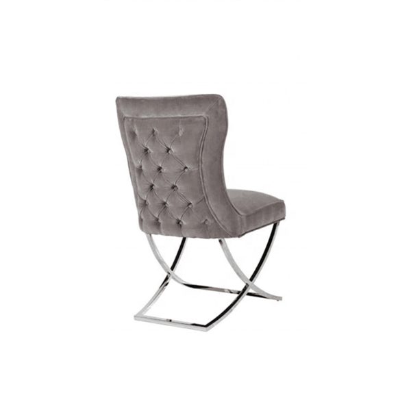 2x Dining Chairs Grey Fabric Upholstery Beautiful Quilting Shiny Silver Colour Legs