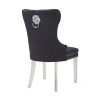 2x Dining Chair Black Velvet Upholstery Button Studding Deep Quilting Wooden Frame Back With Lion Ring And Nail Stainless Steel Legs