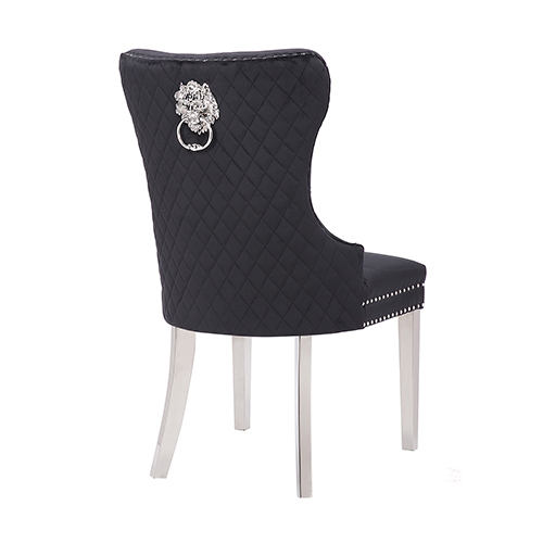 2x Dining Chair Black Velvet Upholstery Button Studding Deep Quilting Wooden Frame Back With Lion Ring And Nail Stainless Steel Legs