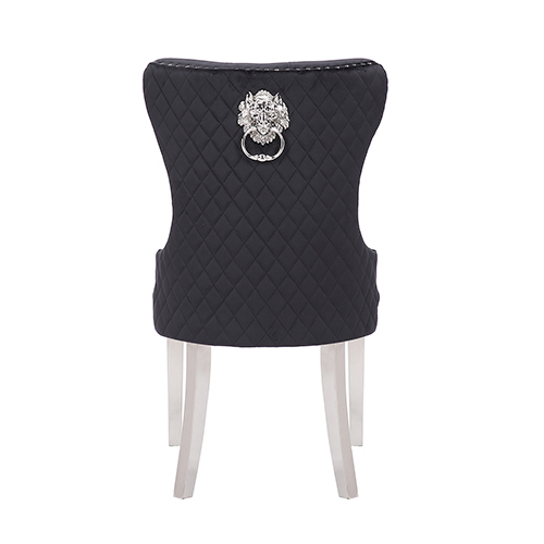 2x Dining Chair Black Velvet Upholstery Button Studding Deep Quilting Wooden Frame Back With Lion Ring And Nail Stainless Steel Legs