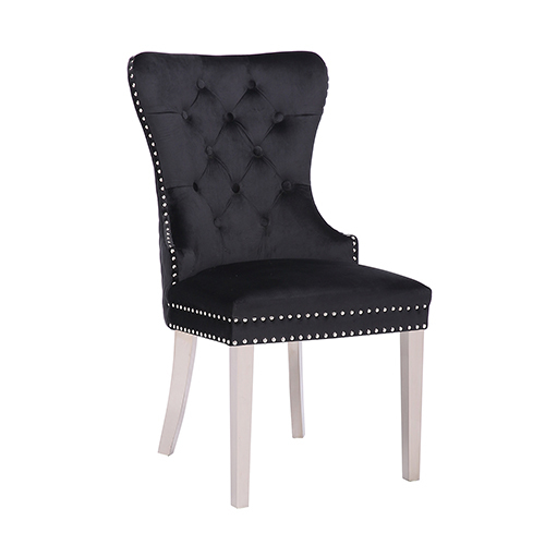2x Dining Chair Black Velvet Upholstery Button Studding Deep Quilting Wooden Frame Back With Lion Ring And Nail Stainless Steel Legs