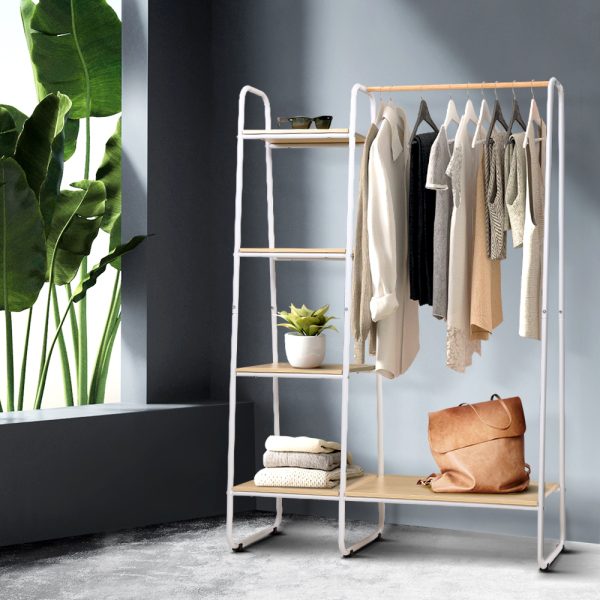 Closet Storage Rack Clothes Hanger Shelf Garment Rail Stand Wardrobe Organiser – White