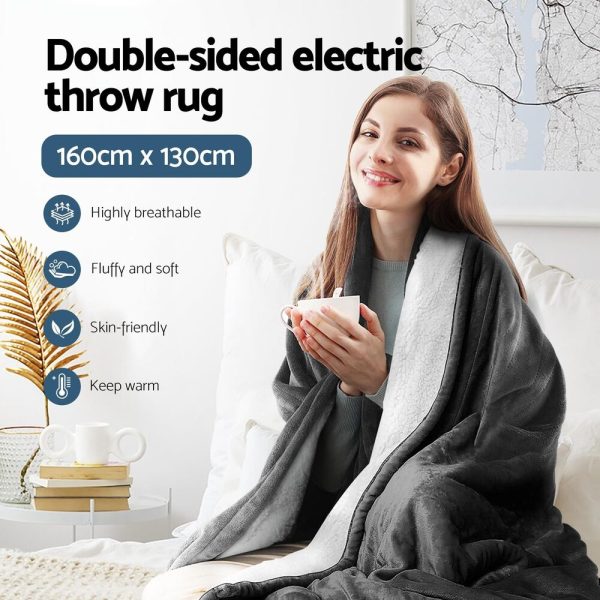 Electric Throw Rug Heated Blanket Washable Snuggle Flannel Winter – Grey