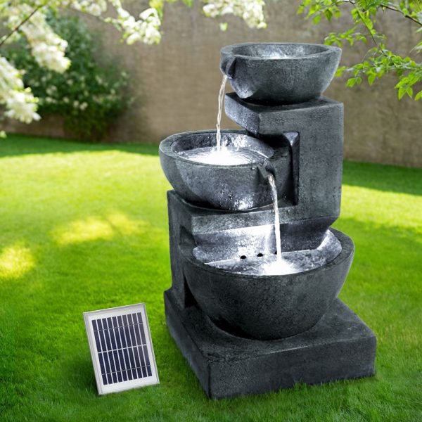 Solar Water Feature with LED Lights 3-Tier Bowls 60cm