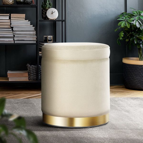 Ottoman Foot Stool with Storage Round Velvet Foot Rest Pouffe Footstool – Cream