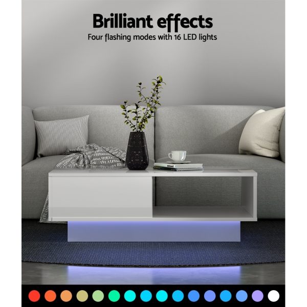 Coffee Table LED Lights High Gloss Storage Drawer Modern Furniture – White