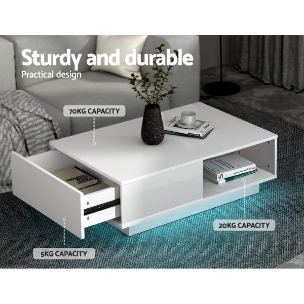 Coffee Table LED Lights High Gloss Storage Drawer Modern Furniture – White
