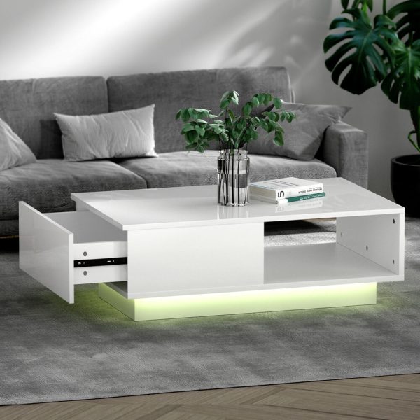 Coffee Table LED Lights High Gloss Storage Drawer Modern Furniture – White