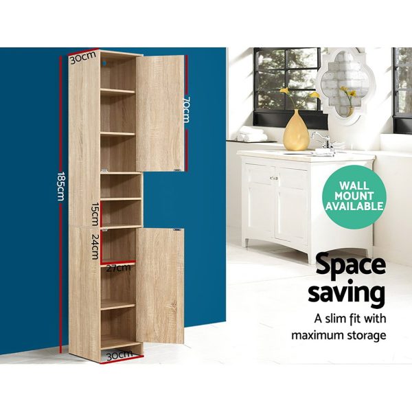 185cm Bathroom Cabinet Tallboy Furniture Toilet Storage Laundry Cupboard – Oak
