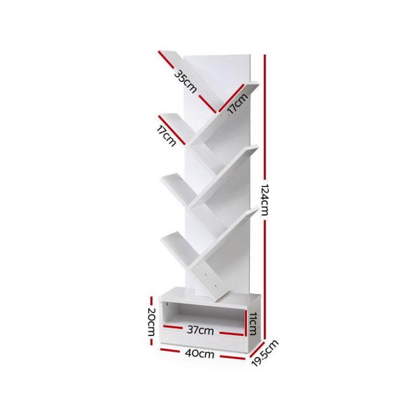 Display Shelf Tree Bookshelf Book Storage Rack Bookcase – White, 7 Shelf