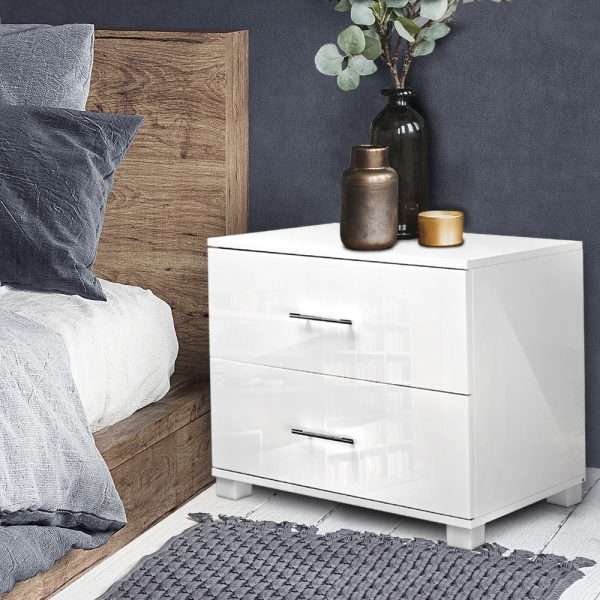 Bedside Table 2 Drawers High Gloss – White