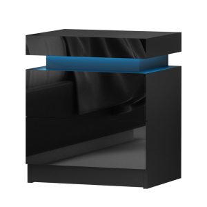 Eastbourne Bedside Tables Side Table Drawers RGB LED High Gloss Nightstand – Black, Model 1