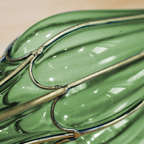 Green Colored European Glass Flower Vase Solid Base with Two Gold Metal Handle