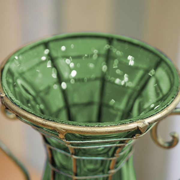 Green Colored European Glass Flower Vase Solid Base with Two Gold Metal Handle