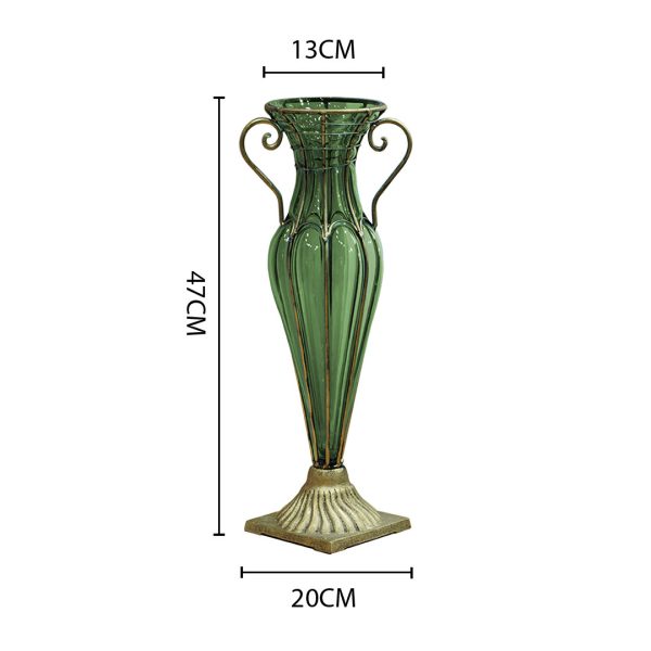 Green Colored European Glass Flower Vase Solid Base with Two Gold Metal Handle