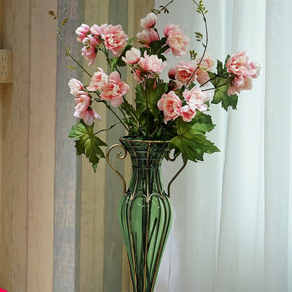 Green Colored European Glass Flower Vase Solid Base with Two Gold Metal Handle