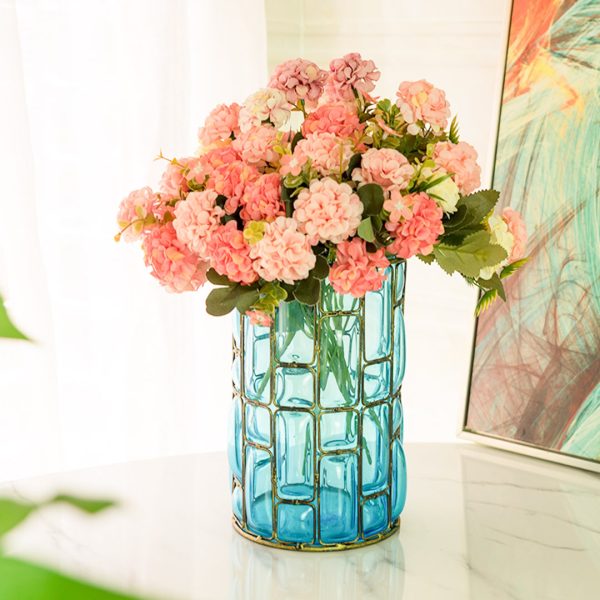 Blue Colored European Glass Cylinder Flower Vase with Gold Metal Pattern