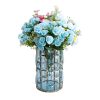 Blue Colored European Glass Cylinder Flower Vase with Gold Metal Pattern