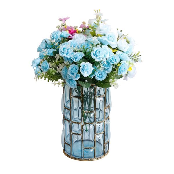 Blue Colored European Glass Cylinder Flower Vase with Gold Metal Pattern