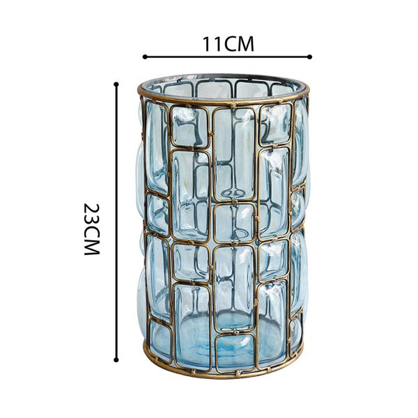 Blue Colored European Glass Cylinder Flower Vase with Gold Metal Pattern