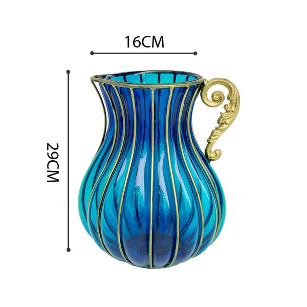 Blue European Colored Glass Home Decor Jar Flower Vase with Metal Handle