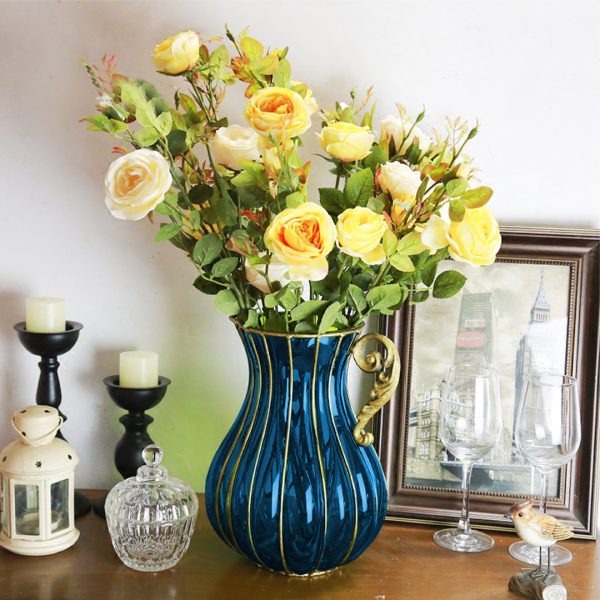 Blue European Colored Glass Home Decor Jar Flower Vase with Metal Handle